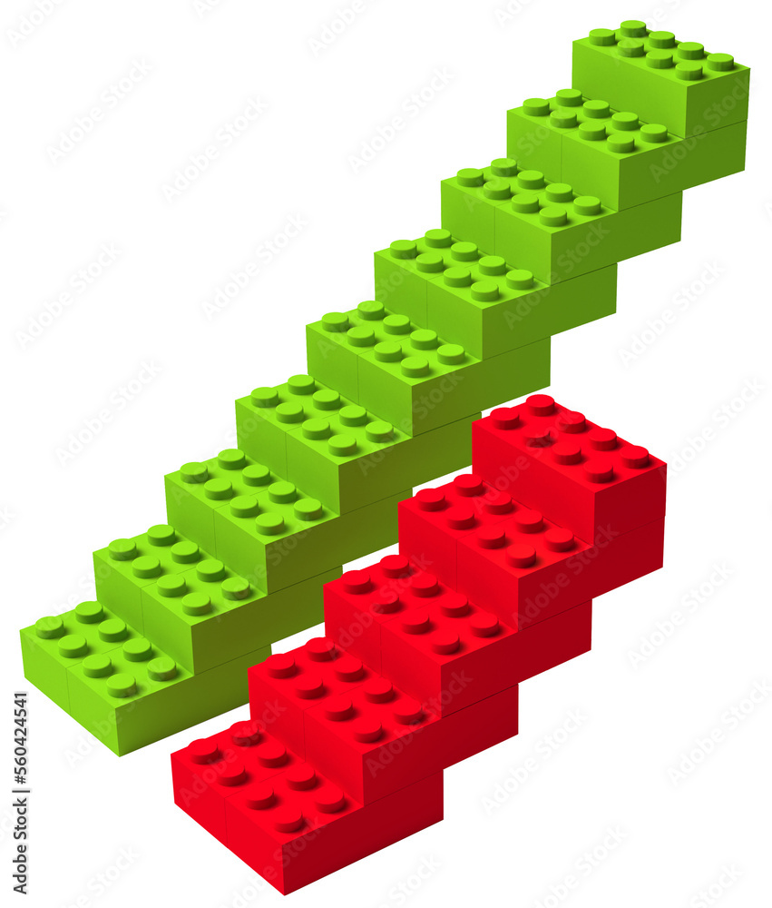 Red and green building block stairs, competition, success and failing concept, isolated