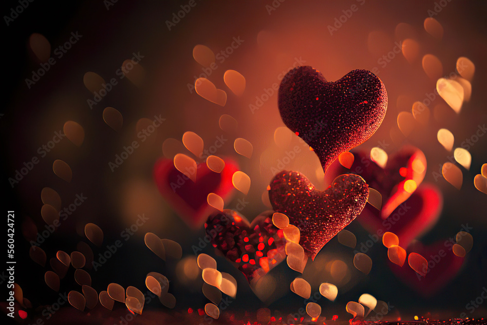 Red hearts on the golden bokeh background, St. Valentine's Day, Generative AI