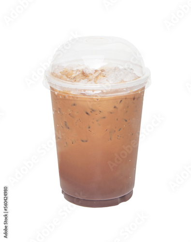 Iced coffee on plastic tall cup. clipping path included for design. Traditional Thai style original in glass sweet taste. Thai street food and popular in Thailand. Antique coffee. isolated cutout PNG