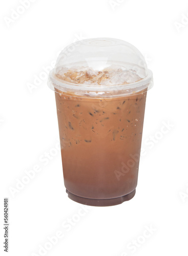 Iced coffee on plastic tall cup isolated cutout PNG. clipping path included for design. Traditional Thai style original in glass sweet taste. Thai street food and popular in Thailand. Antique coffee.