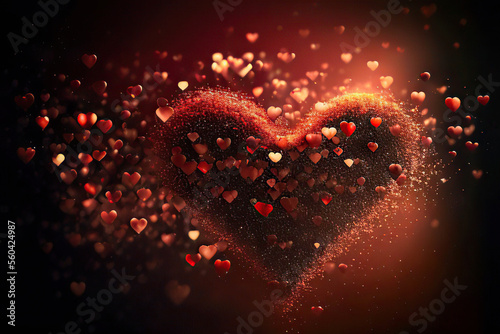 Beautiful red glittering heart and many little red and golden hearts, red hearts bokeh background, St. Valentine's Day, Generative AI
