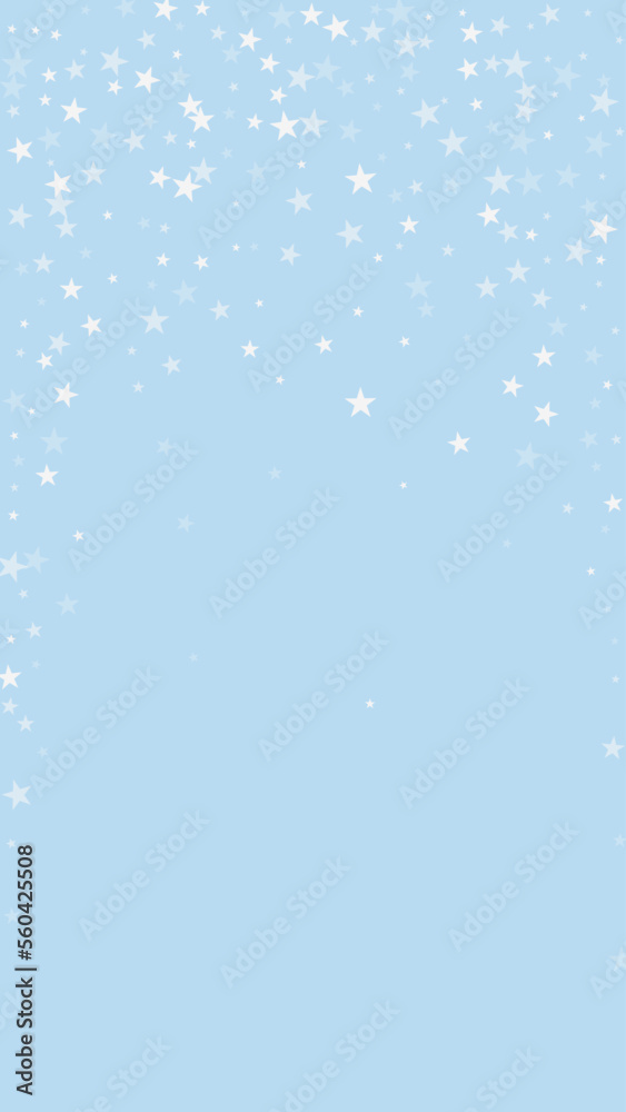 Fototapeta premium Beautiful snowfall christmas background. Subtle flying snow flakes and stars on light blue winter backdrop. Beautiful snowfall overlay template. Vertical vector illustration.