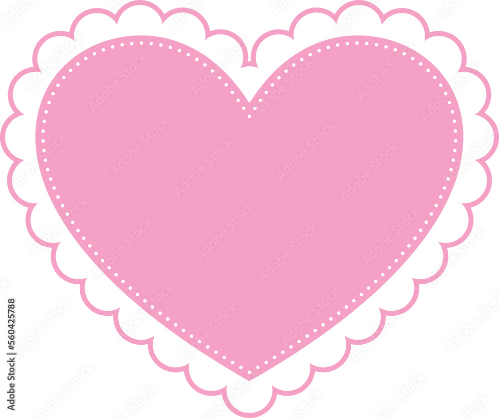 pink and white scallop heart frame border, blank sticker, clip art, PNG illustration with transparent background