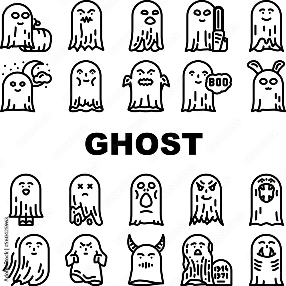 ghost halloween scary spooky icons set vector. horror white, dark fear, night holiday, spirit face, death fantasy, fly mystery ghost halloween scary spooky black contour illustrations ghost halloween scary spooky icons set vector. horror white, dark fear, night holiday, spirit face, death fantasy, fly mystery ghost halloween scary spooky black contour illustrations