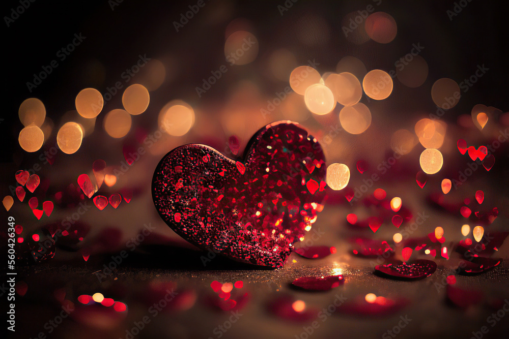 Beautiful red heart with sequins in the golden bokeh background, St. Valentine's Day, Generative AI Beautiful red heart with sequins in the golden bokeh background, St. Valentine's Day, Generative AI