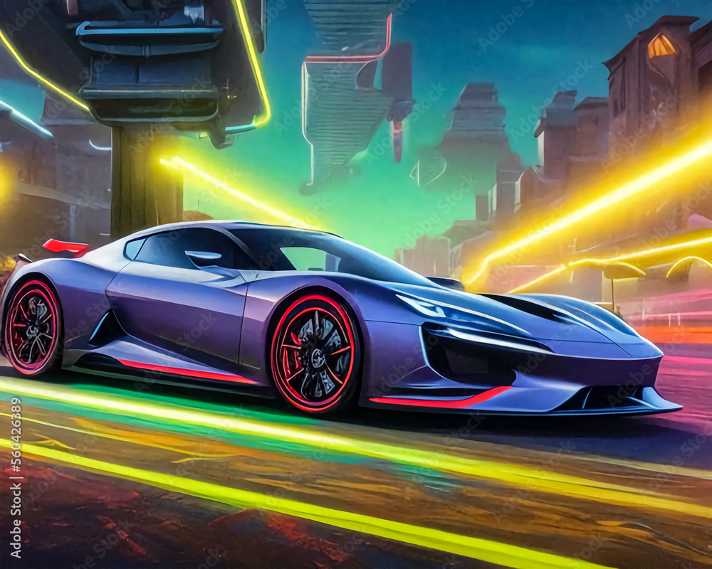 The car is driving through the night city, neon lights, dark background.