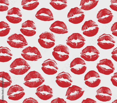 Vector red lips kiss seamless pattern background. Lipstick kisses prints wrapping paper. World kiss day, Valentine's day