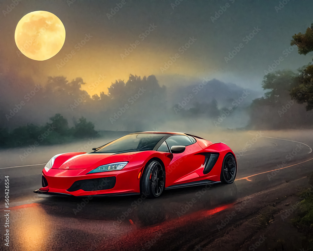 The car is driving on the road at night, a fantastic moon illuminates the road, a dark background.