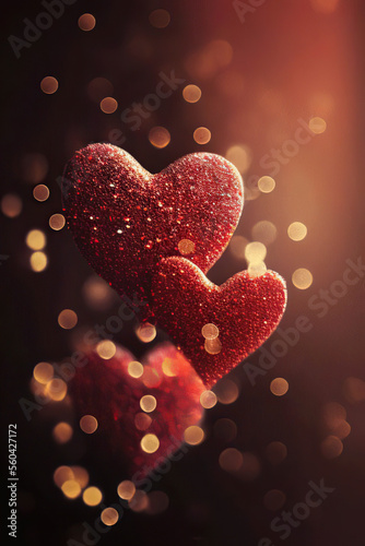 Beautiful red glittering hearts, golden bokeh background, St. Valentine's Day, Generative AI