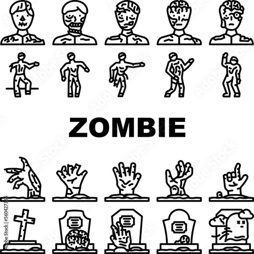 zombie horror dead monster icons set vector. halloween scary, hand death, undead silhouette, grave man, fear nightmare, night zombie horror dead monster black contour illustrations