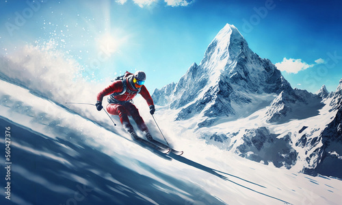 Winter sport. Mountain ski. Skier on the slope, sunny day, AI generative