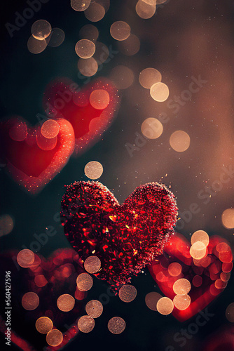 Red hearts with glitter, golden bokeh background, St. Valentine's Day, Generative AI