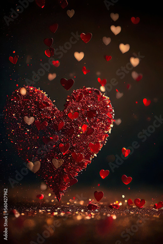 Beautiful red glittering heart with little red falling hearts, dark background, St. Valentine's Day, Generative AI