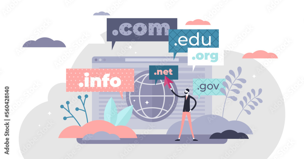 Domain name concept flat tiny person illustration, transparent background. Stylized abstract web address registry scene with top level names. - obrazy, fototapety, plakaty 