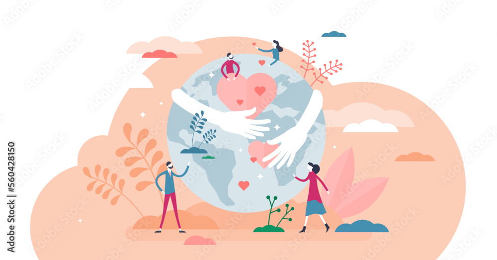 Earth hug illustration, transparent background. Love, care planet flat tiny persons concept. Use renewable resources as sustainable lifestyle and world protection symbol. Nature friendly attitude.
