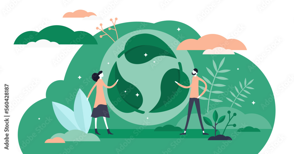 Green leaf recycle symbol illustration in flat tiny persons concept ...