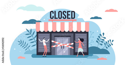 Closed business concept, flat tiny persons illustration, transparent background. Bankrupt small business store front. Global economic crash because of pandemic Corona virus COVID-19 crisis.