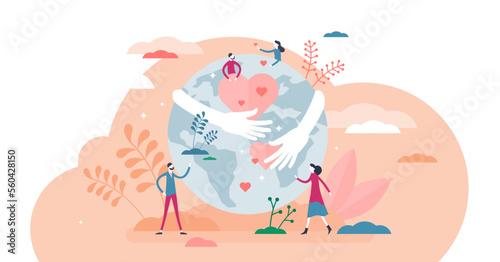 Earth hug illustration, transparent background. Love, care planet flat tiny persons concept. Use renewable resources as sustainable lifestyle and world protection symbol. Nature friendly attitude.