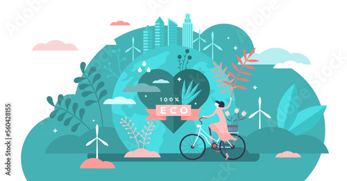 Eco friendly illustration, transparent background. Flat tiny clean environment person concept. Sustainable bio food, power or transportation to save planet or reduce global warming.