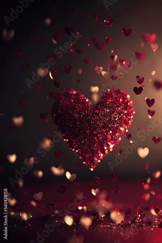 Beautiful red heart of glitter with little red and golden hearts, hearts bokeh background, St. Valentine's Day, Generative AI