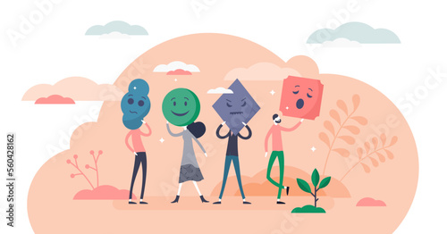 Emotion types illustration, transparent background. Various smileys flat tiny persons concept. Human feelings collection in abstract scene. Nonverbal communication with happy, sad.