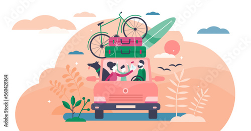 Family camping road trip concept, flat tiny persons illustration, transparent background.Vacation weekend holiday journey in the sunset with mom, dad, son and loved dog.