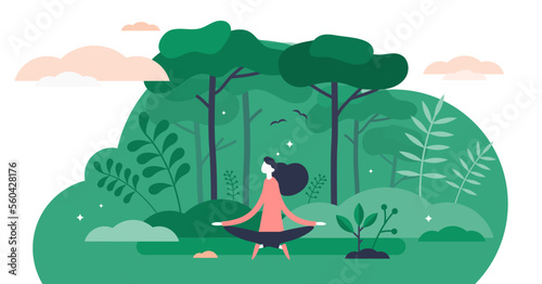 Forest bathing illustration, transparent background. Nature therapy flat tiny persons concept. Recreational ecotherapy process to gain strength, calm, harmony and balance in daily lifestyle.