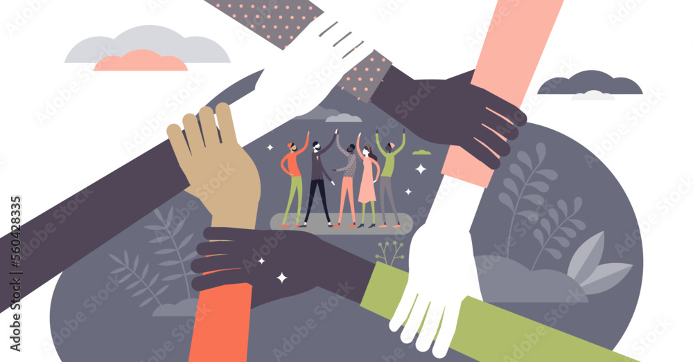 Obraz premium Teamwork concept, flat tiny persons illustration, transparent background. Team members group ready to work and reach the goals. Hands locked together symbol. Diverse partnership startup.