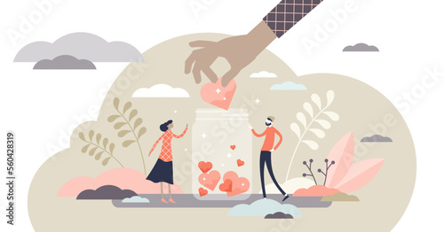 Support concept, flat tiny volunteer persons illustration, transparent background. Donation jar collecting heart symbols with a giving hand. Charity help campaign for social awareness.