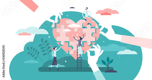 Wellness concept, transparent background. flat tiny person illustration. Health care team working together in unity and managing abstract heart puzzle jigsaw symbol.