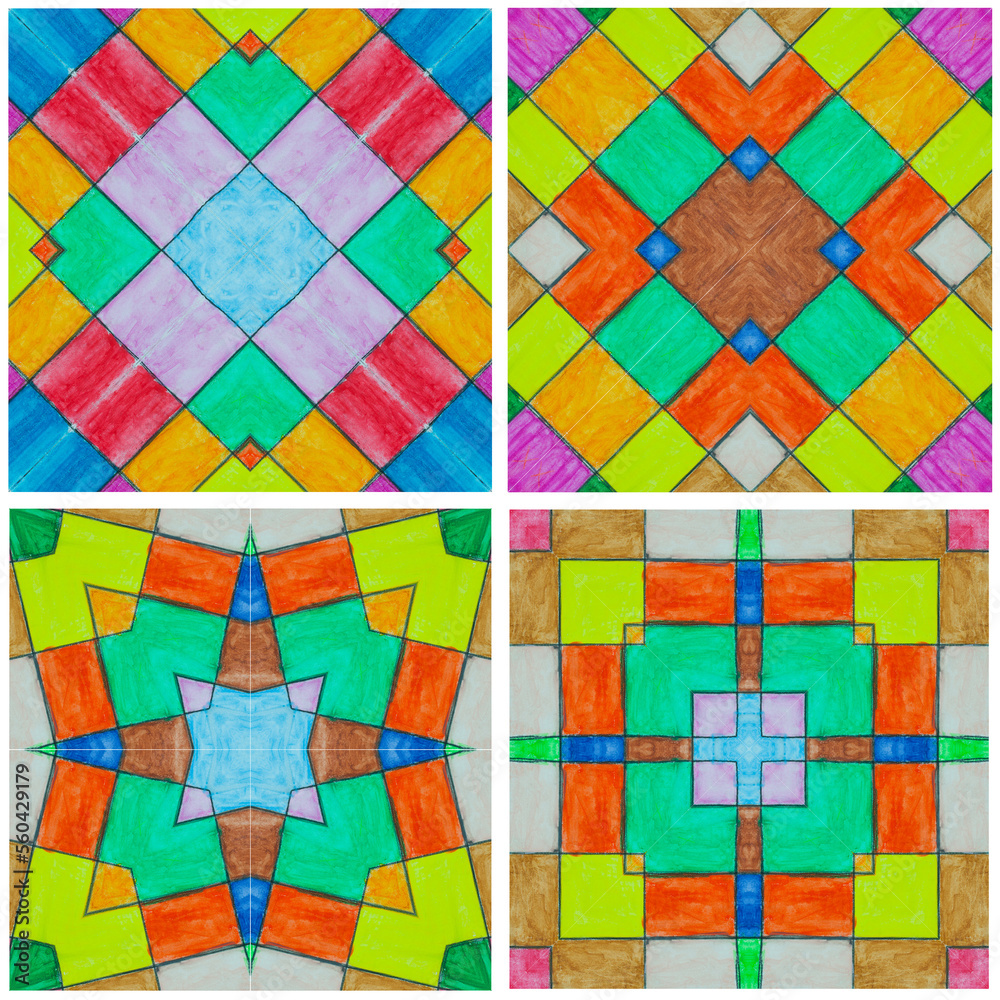 set of colorful kaleidoscope art tile made from color pencil painting  on  white background