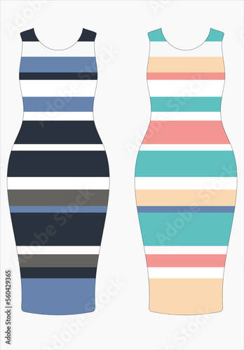 Collection of maxi dresses with longitudinal stripes. Technical illustration of sleeveless dresses with trendy colored horizontal stripes. Editable vector illustration 