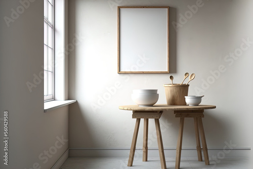Kitchen interior with wooden pedestal on table and blank wall for your decoration. Generative AI