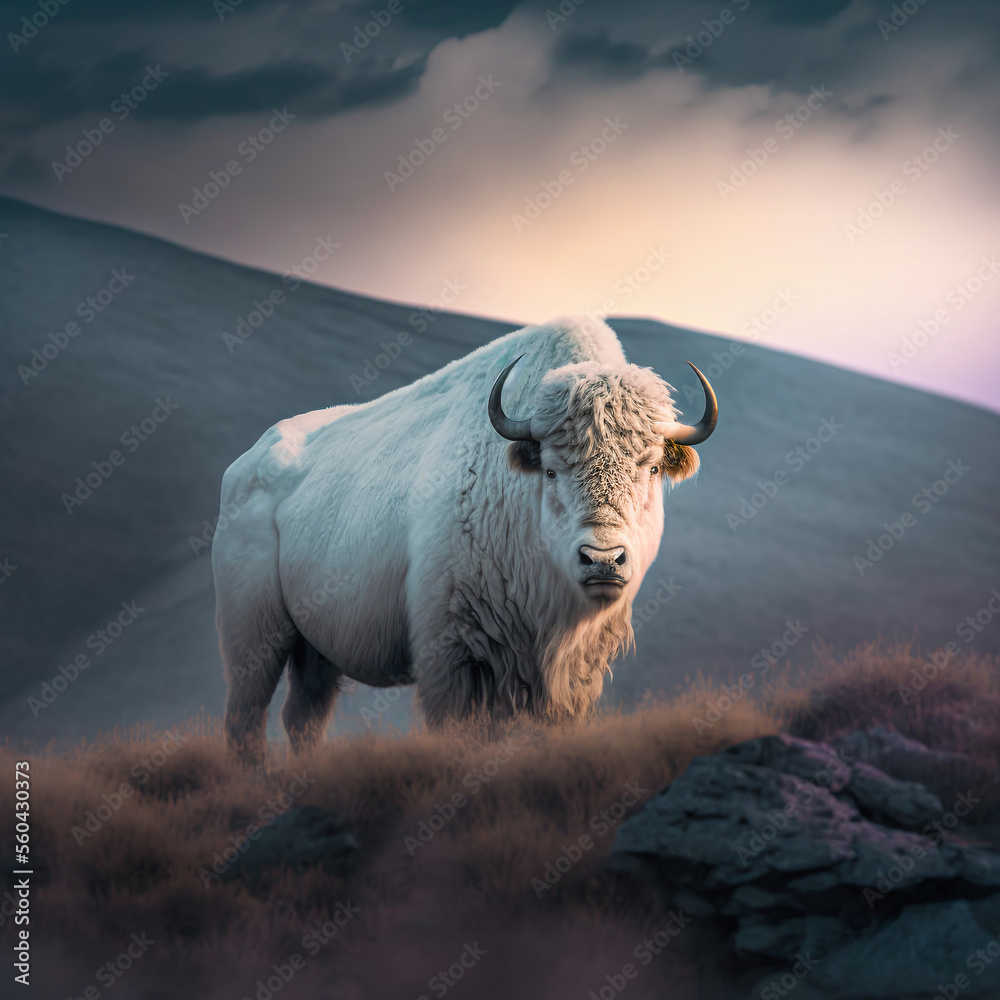 One white buffalo standing on a grassy hill Stock Illustration | Adobe ...
