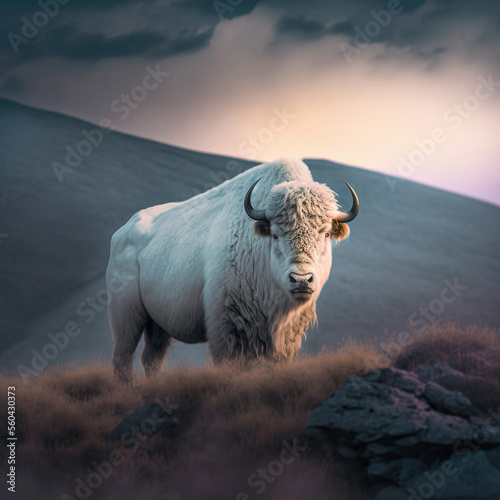 One white buffalo standing on a grassy hill