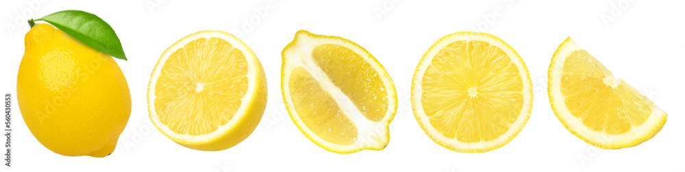 lemon fruit with leaves, slice, and half isolated, Fresh and Juicy Lemon, transparent png, PNG format, cut out - obrazy, fototapety, plakaty 