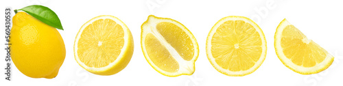 Fényképezés lemon fruit with leaves, slice, and half isolated, Fresh and Juicy Lemon, transp