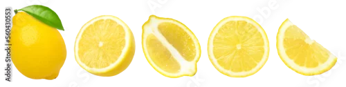 Obraz  z motywem lemon fruit with leaves, slice, and half isolated, Fresh and Juicy Lemon, transparent png, PNG format, cut out