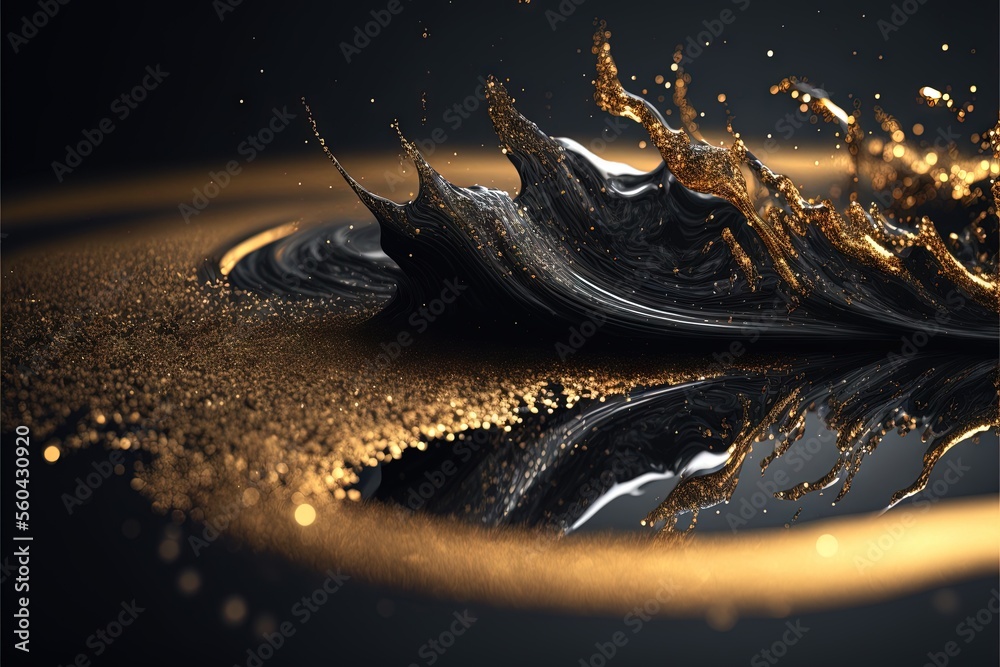 a black and gold abstract background with a wave of liquid and gold ...