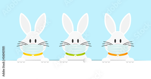 3 Weiße Osterhasen Maske Banner Horizontal Gelb/Grün/Orange Himmel