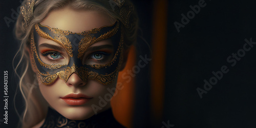 Carnival banner mardi gras blond young woman wearing venetian mask looking at camera portrait  copy space. Generative AI