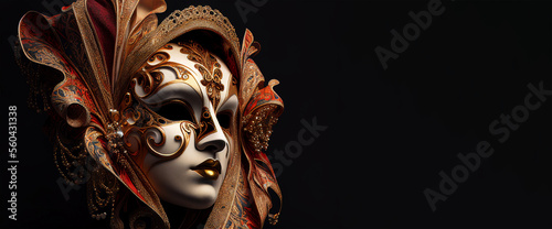 Venetian mask close up golden dark mystery fantasy masquerade banner copy space on black background illustration. Generative AI