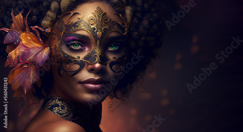 Carnival banner mardi gras beautiful african afroamerican woman with venetian mask copy space. Generative AI