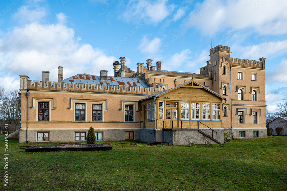 Garsene castle or manor built in 1856 in Neo-Gothic style. Garsene, Latvia