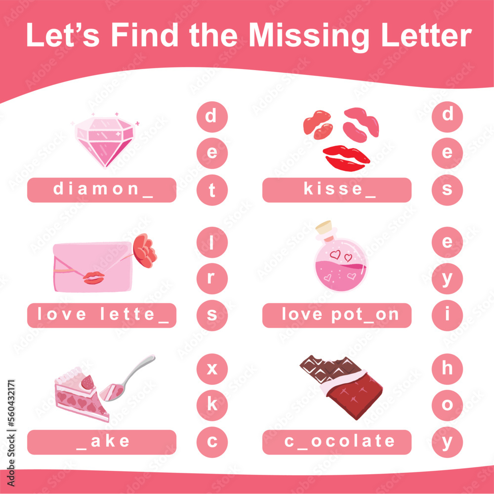Missing letter worksheet. Kids educational game. Worksheet for preschool. Writing practice with valentine theme. Vector file. Missing letter worksheet. Kids educational game. Worksheet for preschool. Writing practice with valentine theme. Vector file.