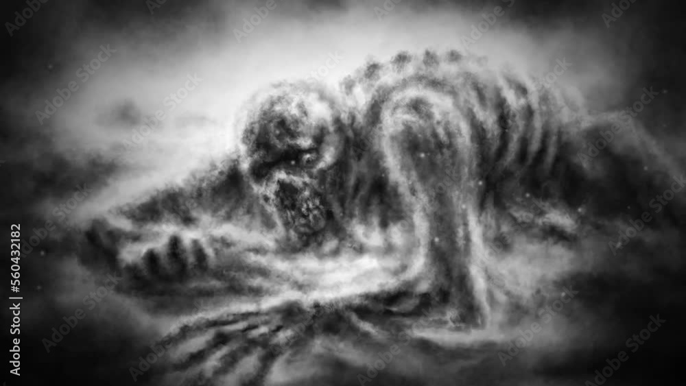 Scary zombie lies in mud. Dark animation in horror fantasy genre. Vj loop video clip. Creepy Halloween backdrop. Gloomy character concept art. Apocalyptic doomsday theme. Black and white background.