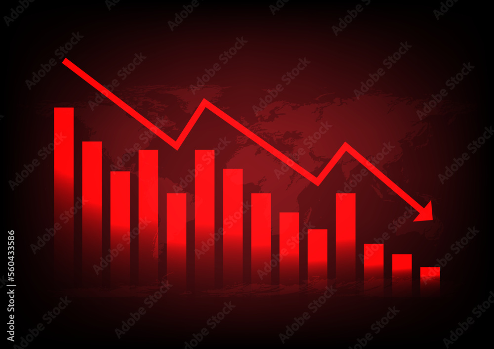 Red arrow graph drop arrow down with world map on red background. Money losing. Stock crisis and finance concept.