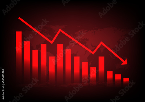 Red arrow graph drop arrow down with world map on red background. Money losing. Stock crisis and finance concept.