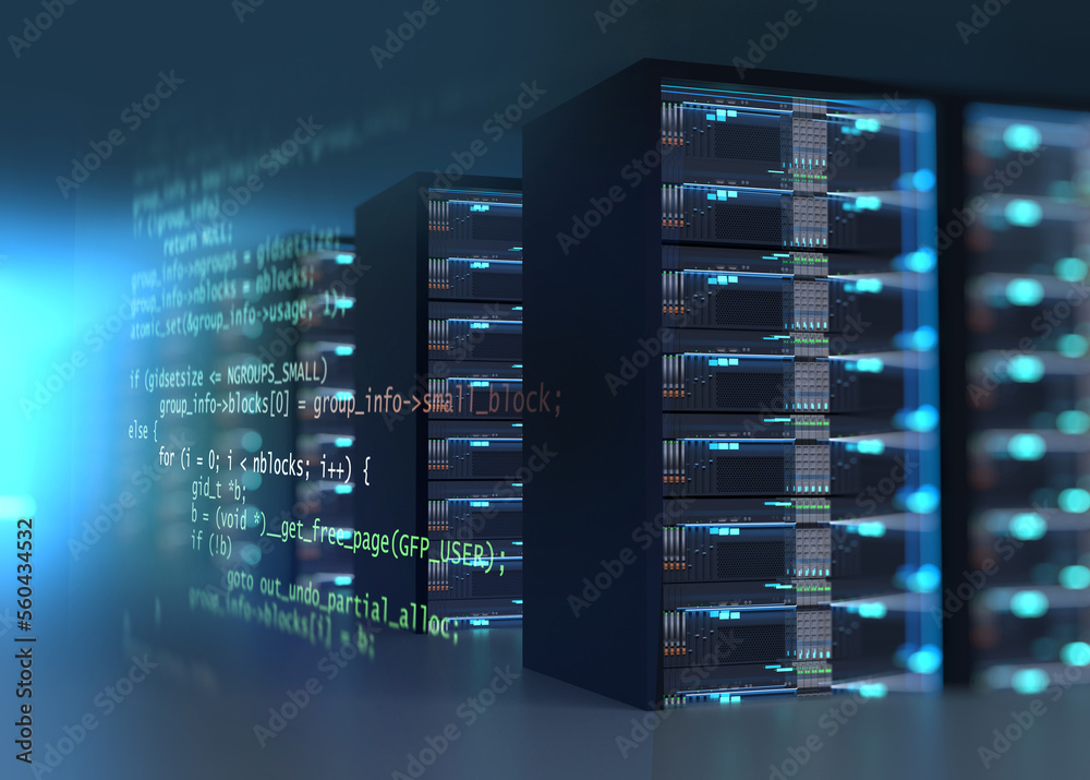 Corridor of server room with server racks in datacenter. 3d illustration Corridor of server room with server racks in datacenter. 3d illustration