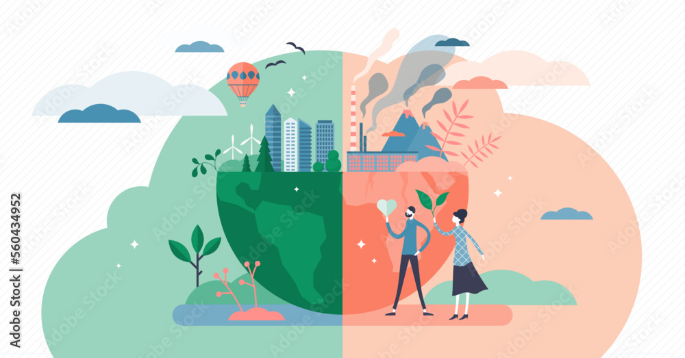 Environment concept, flat tiny persons couple illustration, transparent background. Green and healthy planet earth versus industrial pollution and global warming issues.
